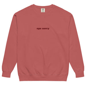 Crimson Comfort Crewneck - Embroidered Ope Sorry